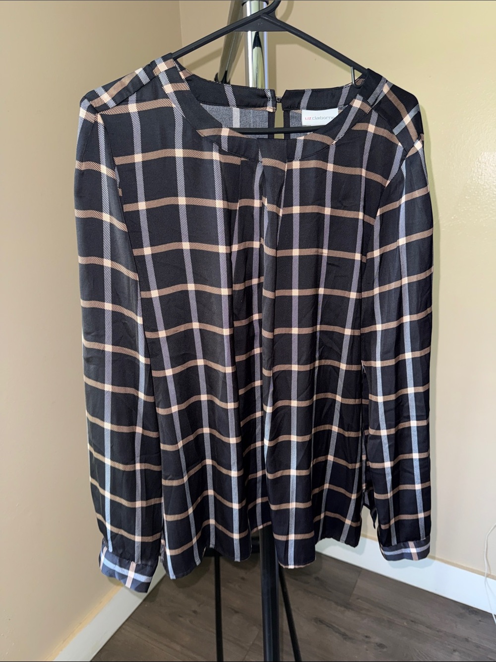 Liz Claiborne Black Plaid Blouse with Beige Windowpane